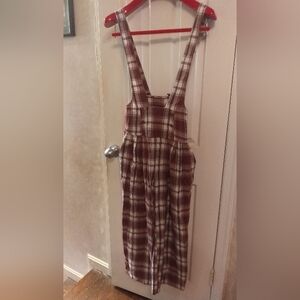 Plaid Overalls In Thick Cotton, Maroon/White/Black/Tan, Side Pockets, Size Small